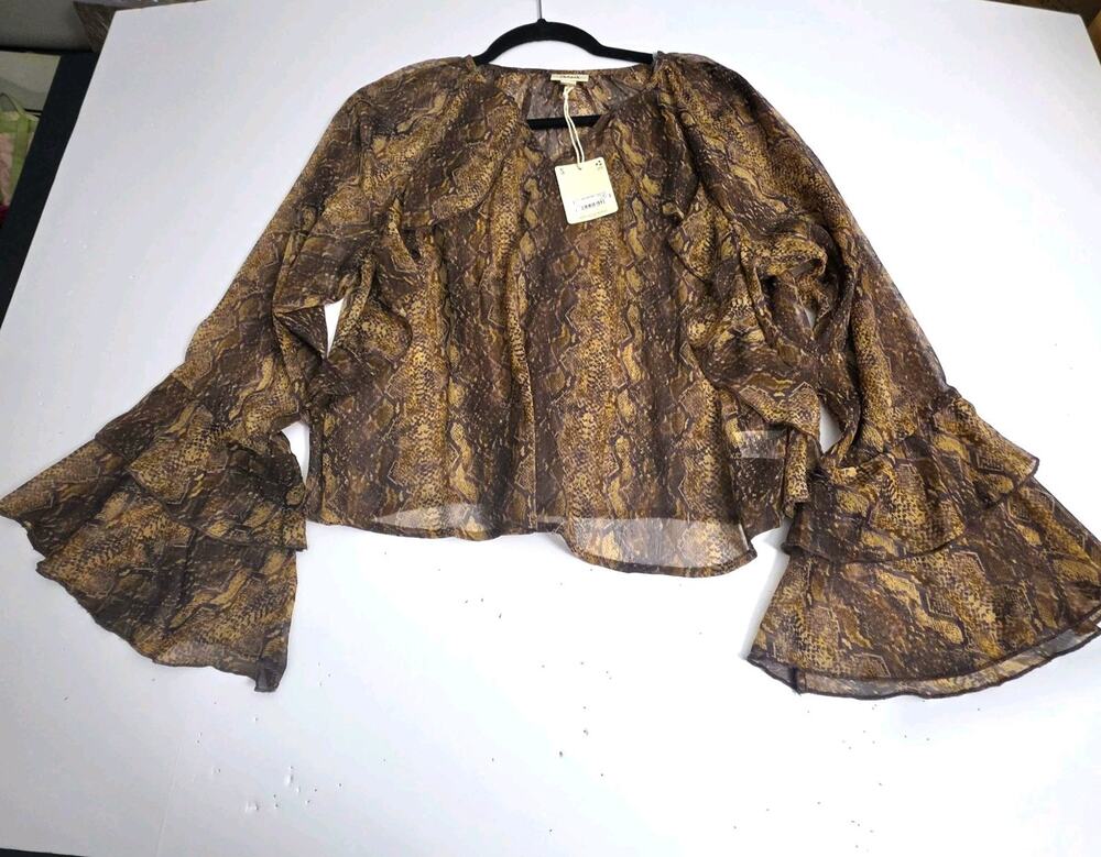 a.n.a Womens Snake Print Chiffon Ruffle Bell Sleeve V-Neck Blouse S retail $44